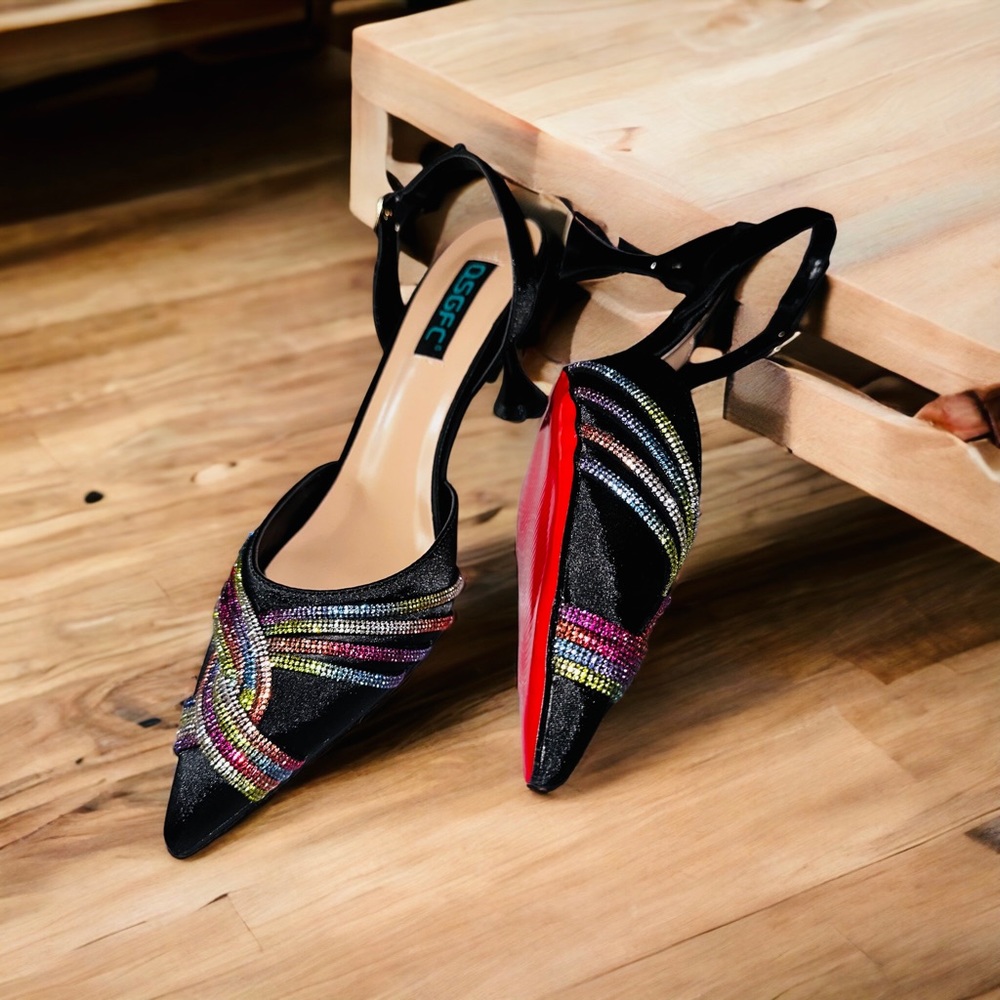 Rainbow Heels With Red Bottom Black Rhinestone Stilletos Multi Color
Brand new